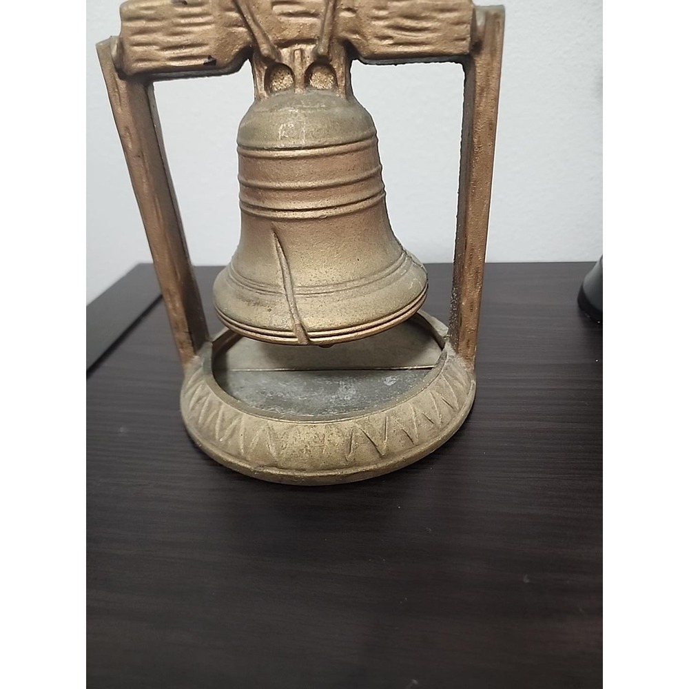 Vintage Cast Metal Liberty Bell Bookends Pair Bronze Tone Patriotic Decor